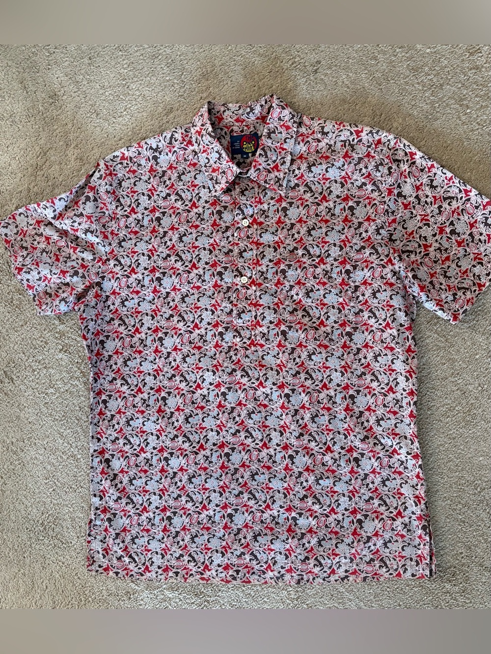 Ono Hawaiian Shirt by Liberty House Red Blue Brown Floral Pattern size M